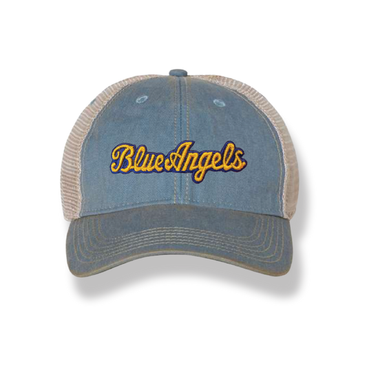 3D Blue Angels Script Vintage Washed Trucker Hat